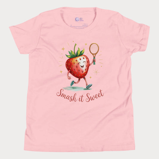 Pink girls tennis t-shirt with cartoon strawberry holding tennis racket and “Smash it Sweet” slogan