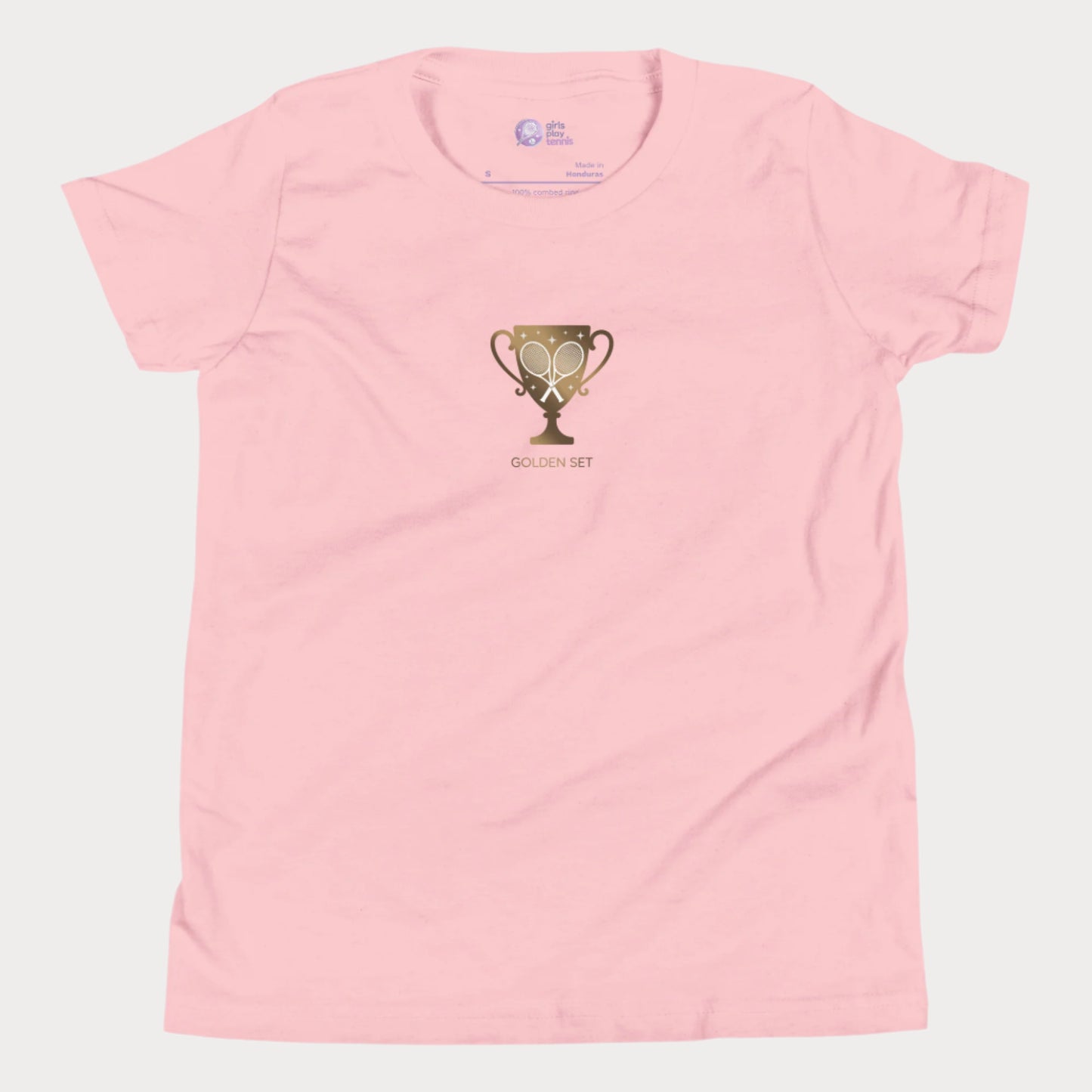 Minimalist Girls Play Tennis Golden Set t-shirt with golden trophy and crossed rackets, girls’ hard court season tennis shirt