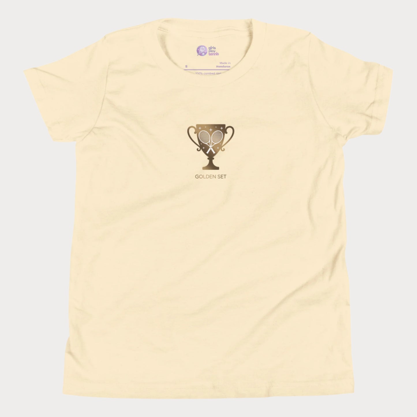 Minimalist Girls Play Tennis Golden Set t-shirt with golden trophy and crossed rackets, girls’ hard court season tennis shirt