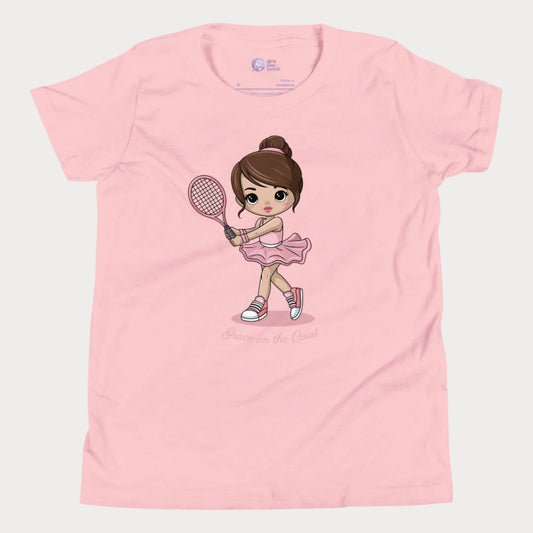 Cute girls’ tennis t-shirt featuring a ballet-inspired design with a young girl in a pink tutu holding a tennis racket. This "Grace on the Court" tee blends elegance and athleticism, perfect for little girls who love both