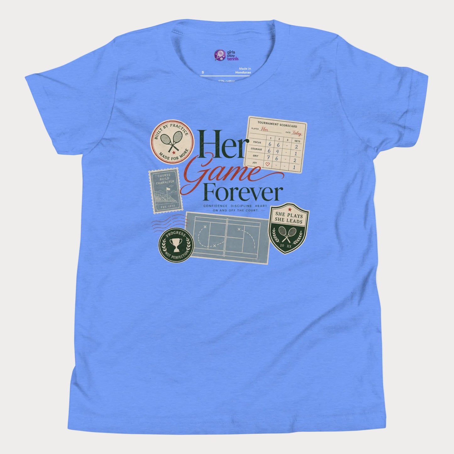 Vintage-inspired girls tennis tee featuring scorecards, tennis patches, and lifestyle club graphics