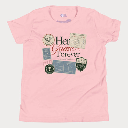Vintage-inspired girls tennis tee featuring scorecards, tennis patches, and lifestyle club graphics