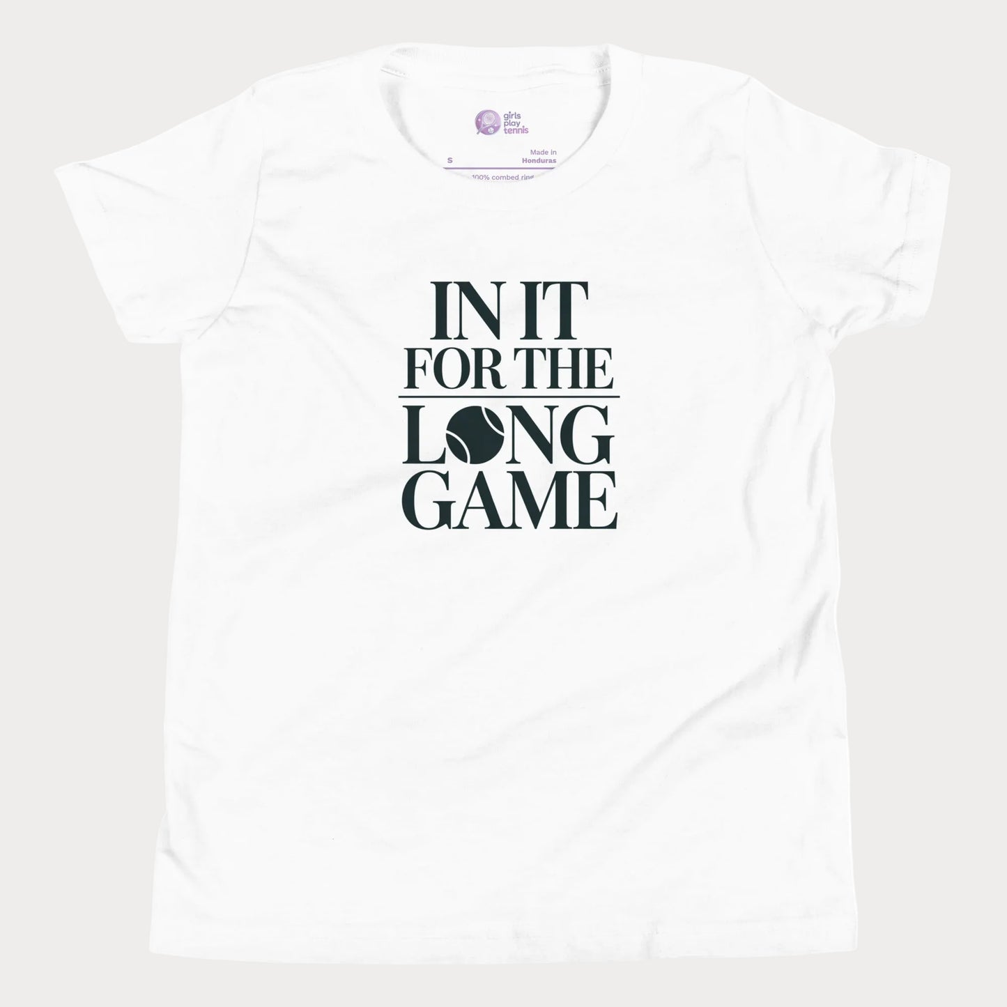 In It For The Long Game tennis t-shirt in white with bold typography for girls and women
