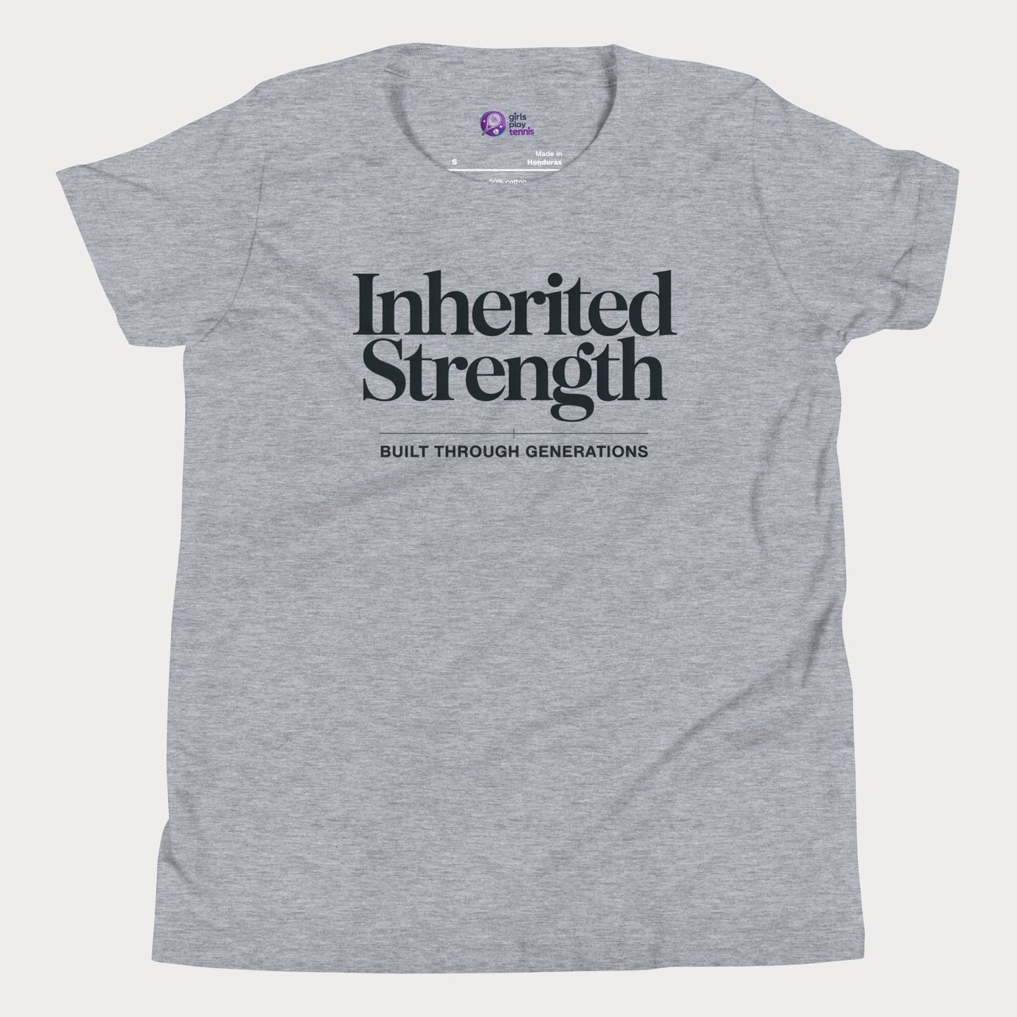 Inherited Strength tennis t-shirt in athletic grey with bold typography for girls and women