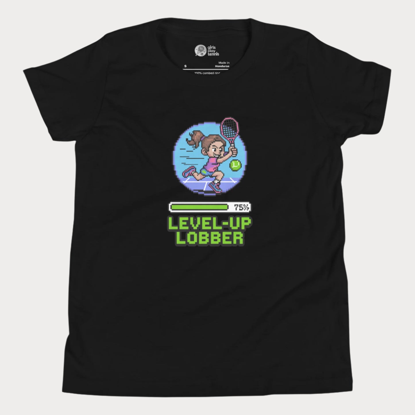 Girls Play Tennis Level Up Lobber t-shirt with XP badge, progress bar, and tennis girl graphic.
