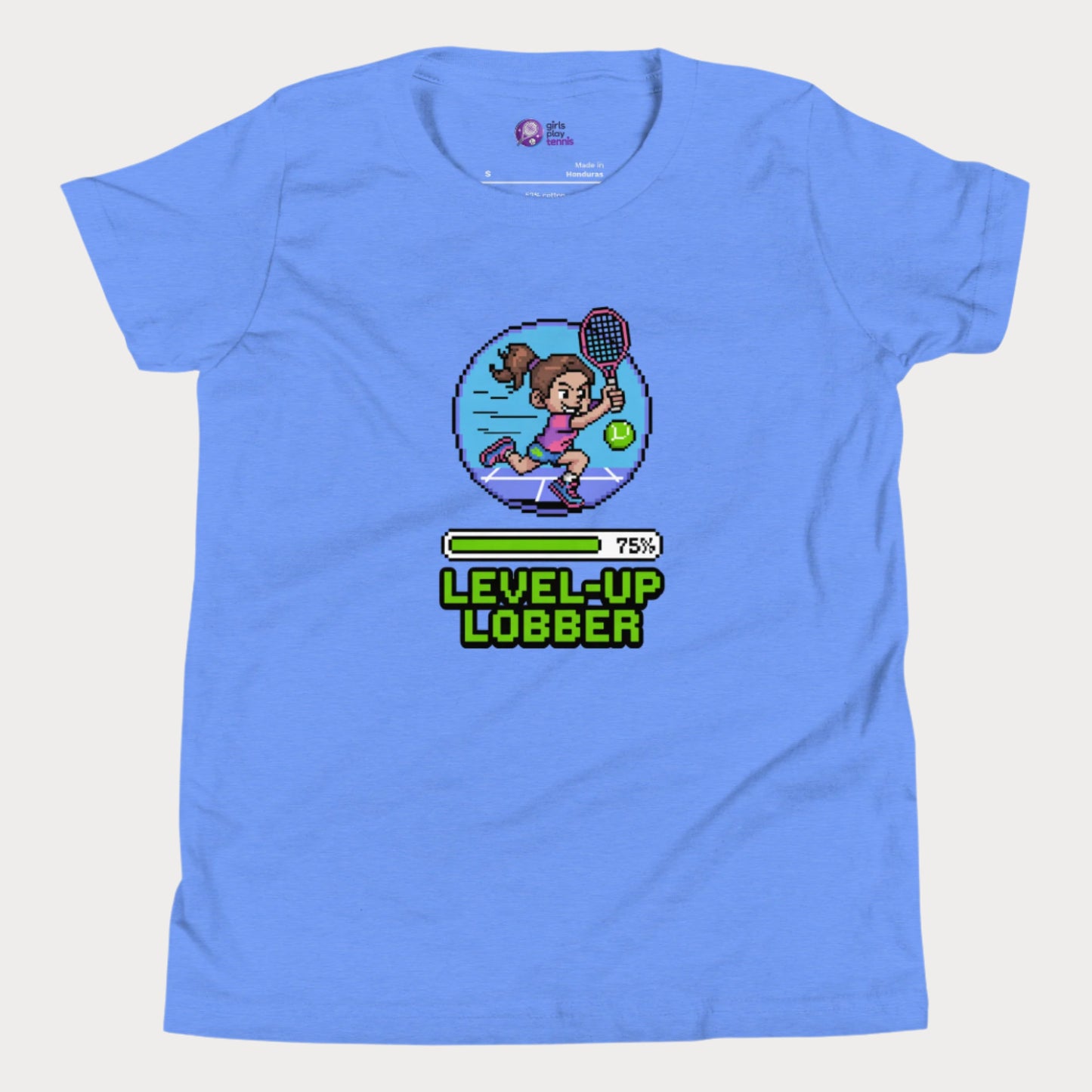 Girls Play Tennis Level Up Lobber t-shirt with XP badge, progress bar, and tennis girl graphic