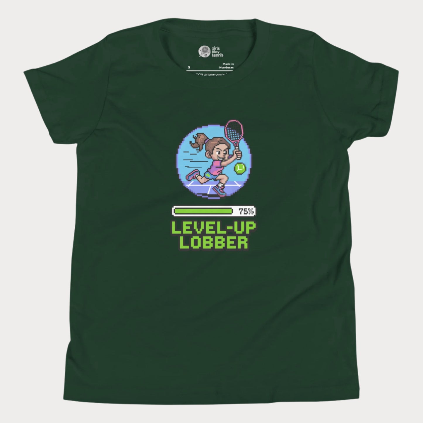 Girls Play Tennis Level Up Lobber t-shirt with XP badge, progress bar, and tennis girl graphic for US hard court season