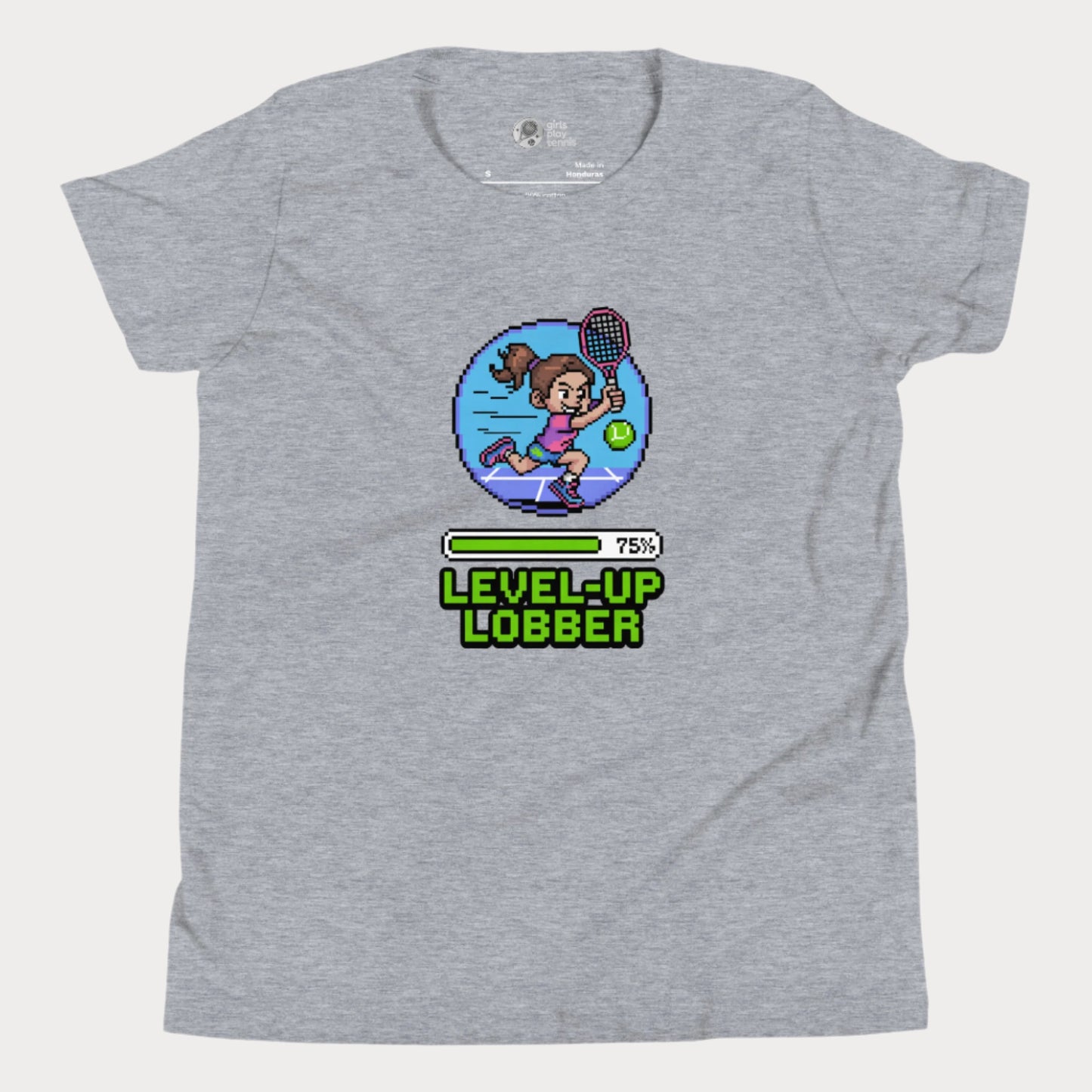 Girls Play Tennis Level Up Lobber t-shirt with XP badge, progress bar, and tennis girl graphic