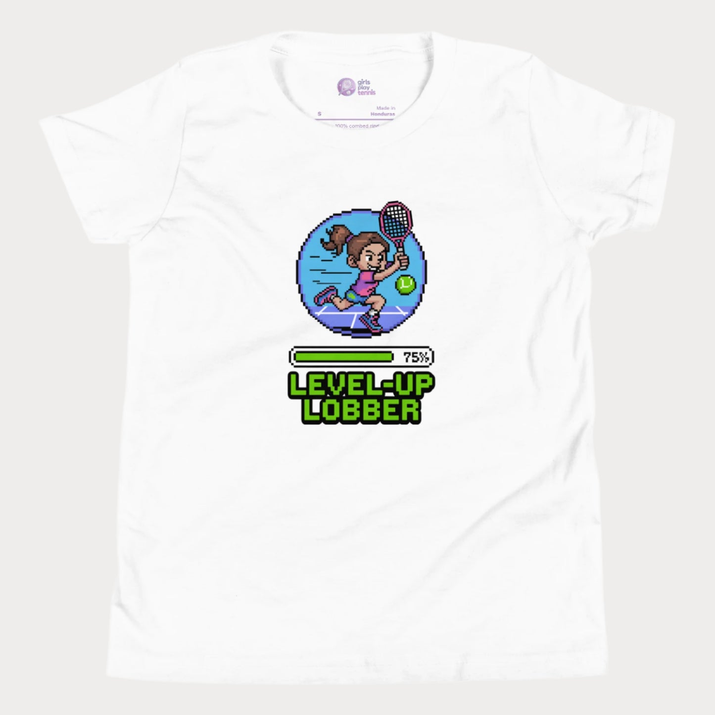Girls Play Tennis Level Up Lobber t-shirt with XP badge, progress bar, and tennis girl graphic