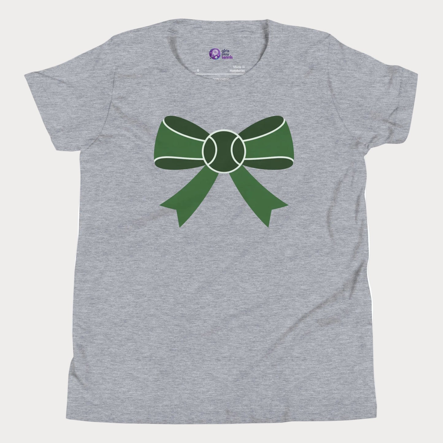 Long Game Bow tennis tee in athletic grey with green bow and tennis ball design for girls and women