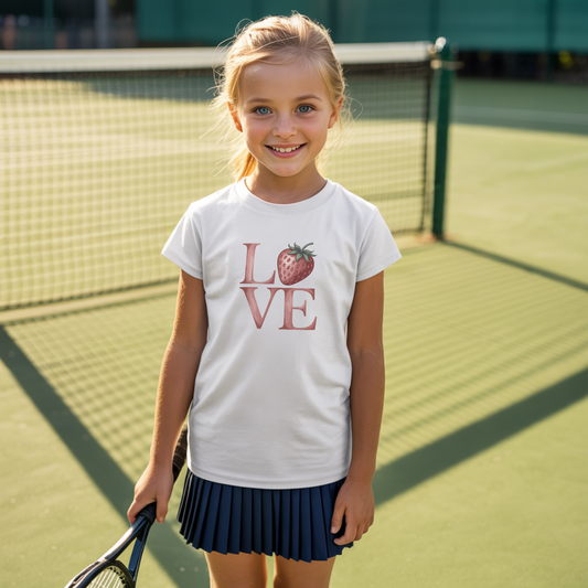 Young girl standing on a grass tennis court and wearing a white girls tennis t-shirt with strawberry ‘LOVE’ design – part of Grass Court Collection.