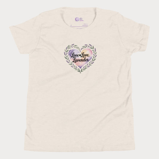 Love Love Lavender tennis t-shirt for girls with pastel floral heart and playful typography