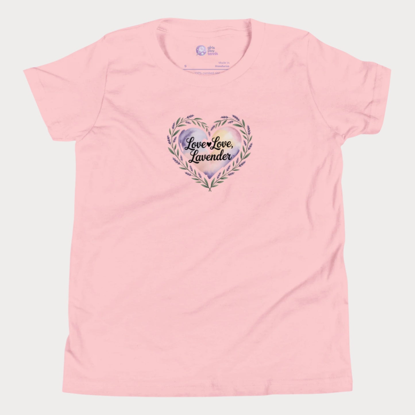 Love Love Lavender tennis t-shirt for girls with pastel floral heart and playful typography.