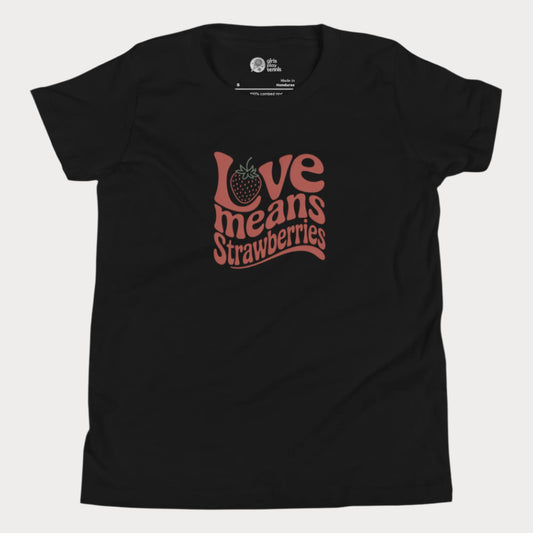 Black girls’ tennis T-shirt with retro red “Love Means Strawberries” slogan and cute illustrated strawberry.
