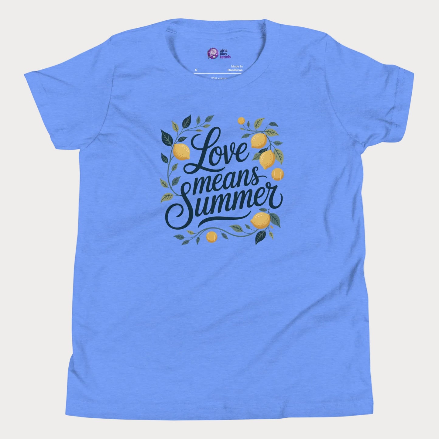 Love Means Summer girls and women’s tennis tee in heather blue with lemon graphic premium cotton shirt