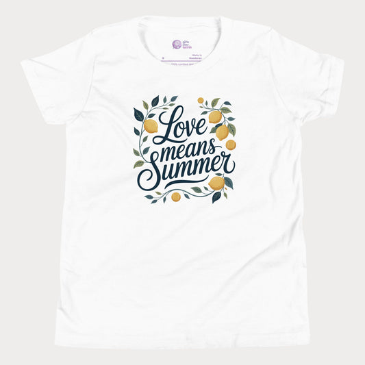 Love Means Summer girls and women’s tennis tee in white with lemon graphic premium cotton shirt.