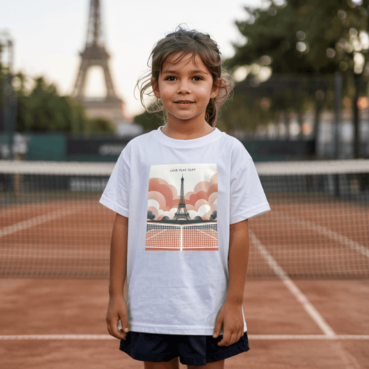 A young girl standing on a clay tennis court in Paris and wearing a stylish tennis-themed T-shirt featuring a retro-inspired illustration of a clay court with the Eiffel Tower in the background, accompanied by the slogan "Love Play Clay." Perfect for girls who love tennis and the excitement of the clay-court season.