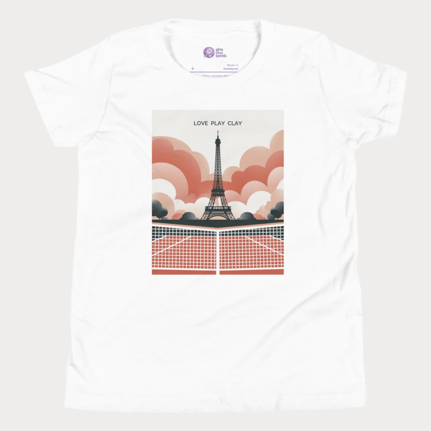 A stylish tennis-themed T-shirt featuring a retro-inspired illustration of a clay court with the Eiffel Tower in the background, accompanied by the slogan "Love Play Clay."