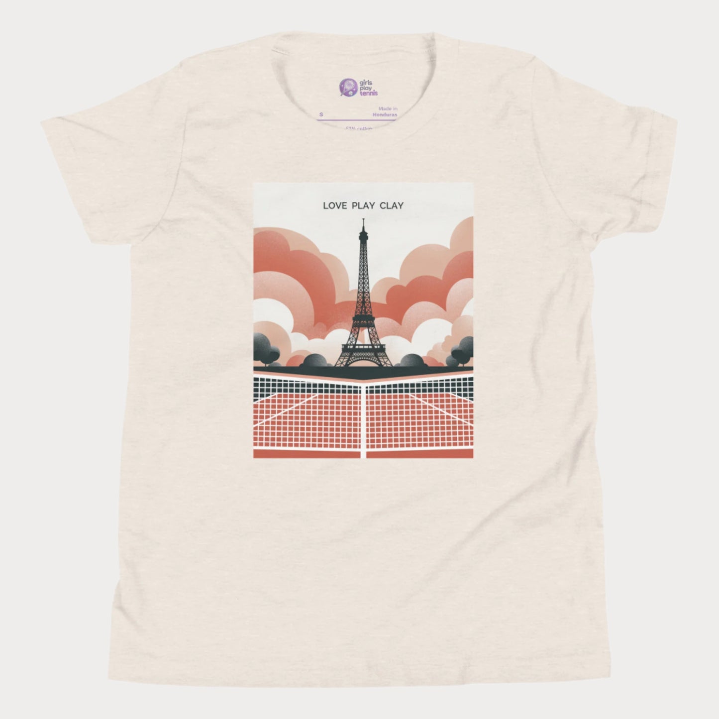 A stylish tennis-themed T-shirt featuring a retro-inspired illustration of a clay court with the Eiffel Tower in the background, accompanied by the slogan "Love Play Clay."