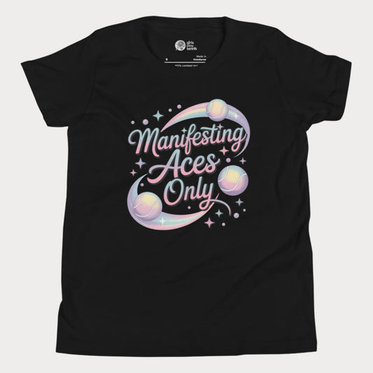 Girls Play Tennis rainbow typography Manifesting Aces Only t-shirt for girls, whimsical motivational hard court tennis shirt.