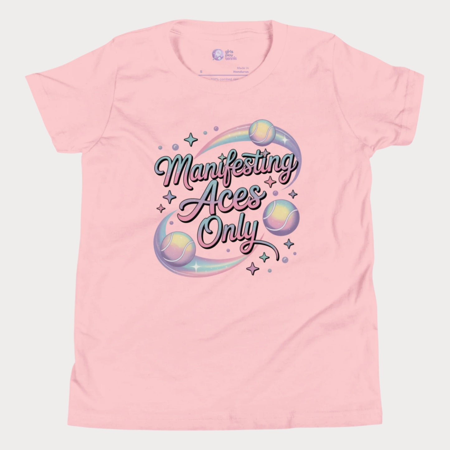 Girls Play Tennis rainbow typography Manifesting Aces Only t-shirt for girls, whimsical motivational hard court tennis shirt