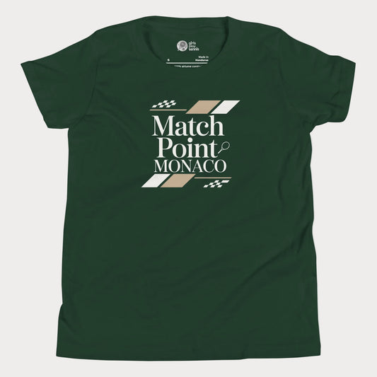 Match Point Monaco girls and women’s tennis tee in forest green premium cotton shirt with Monaco inspired tennis graphic