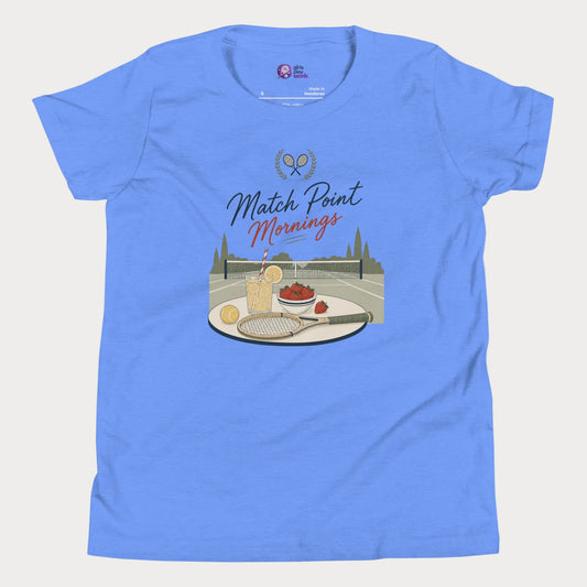 Premium blue tennis lifestyle tee with nostalgic summer court illustration and resort-inspired design