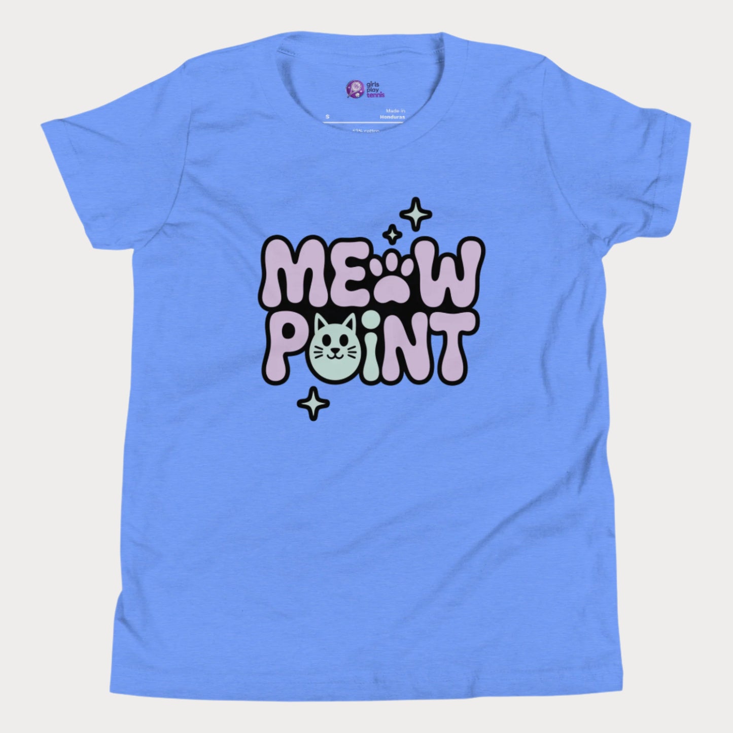 A sky blue girls’ tennis t-shirt with bold, bubble-style lettering that spells out “Meow Point” in pastel purple and black. The design includes a playful pink paw print for the letter "O" and a smiling cat face as the letter "I", surrounded by sparkly stars.