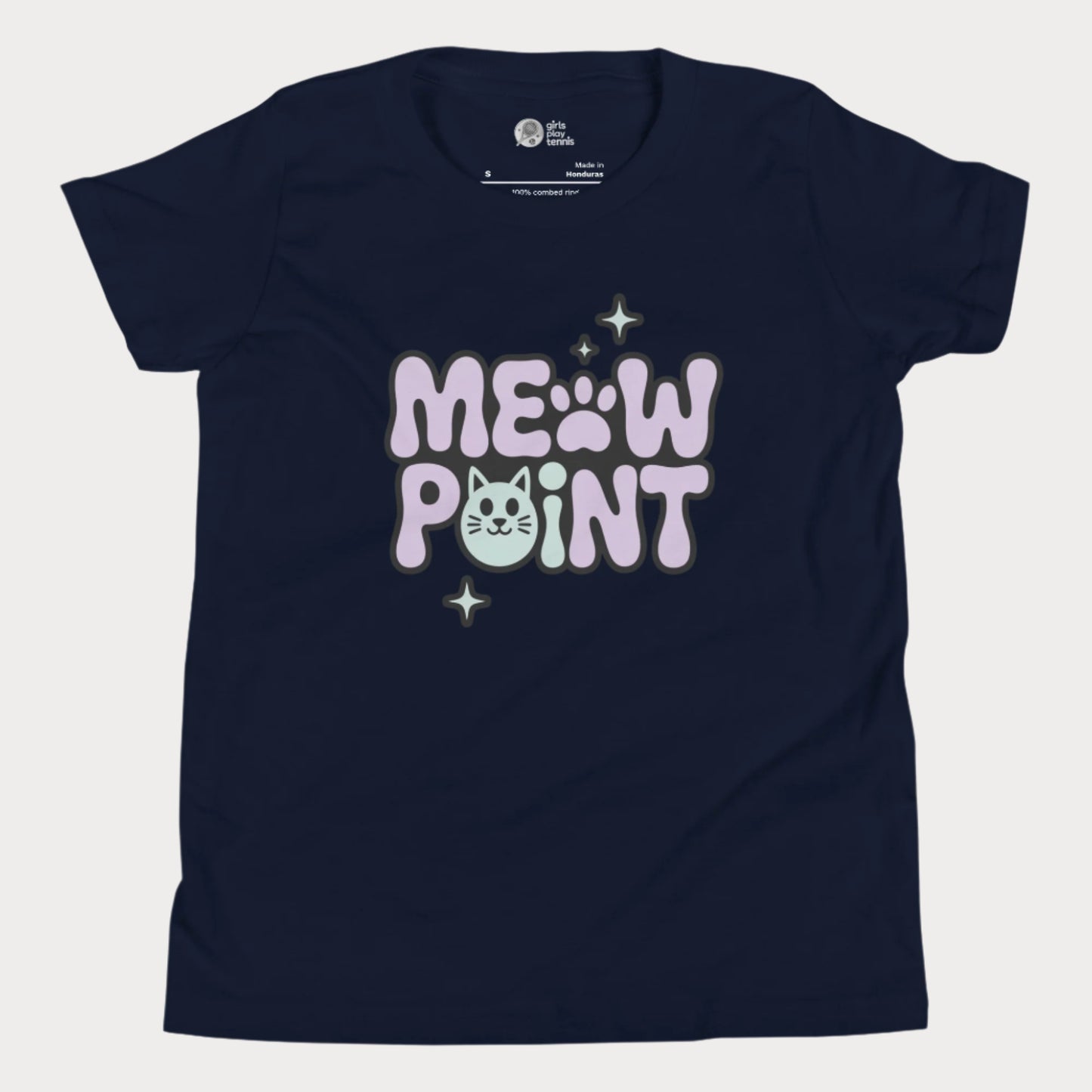 A navy girls’ tennis t-shirt with bold, bubble-style lettering that spells out “Meow Point” in pastel purple and black. The design includes a playful pink paw print for the letter "O" and a smiling cat face as the letter "I", surrounded by sparkly stars.