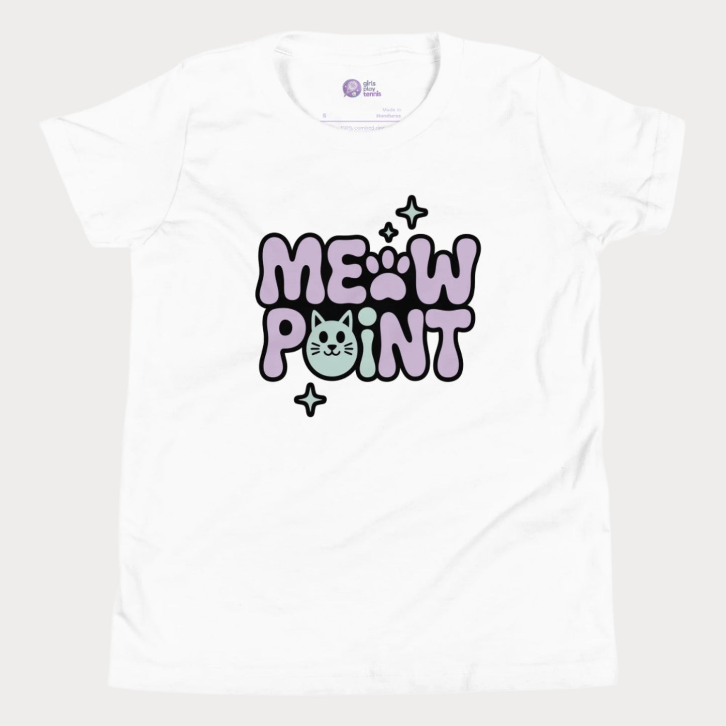 A white girls’ tennis t-shirt with bold, bubble-style lettering that spells out “Meow Point” in pastel purple and black. The design includes a playful pink paw print for the letter "O" and a smiling cat face as the letter "I", surrounded by sparkly stars.