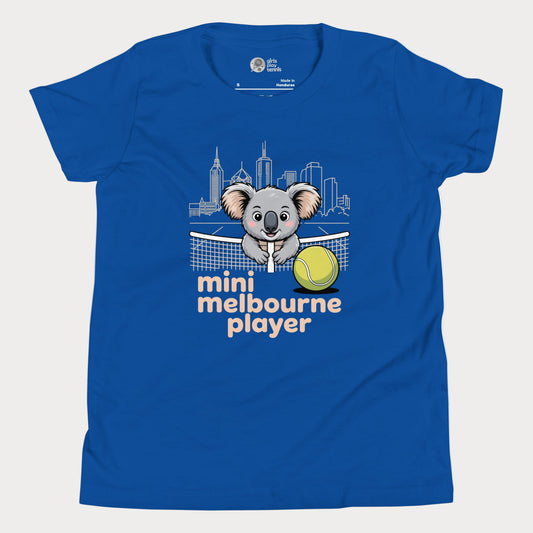 Mini Melbourne Player kids tennis t-shirt with koala, net, and Melbourne skyline for toddlers and youth