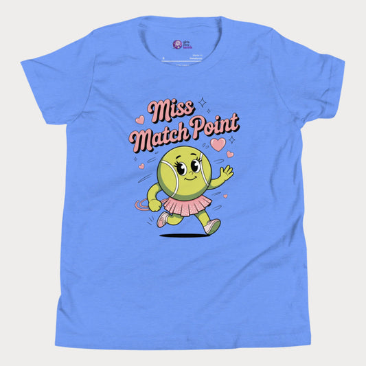 Miss Match Point girls tennis t-shirt in blue with animated tennis ball character in a skirt.