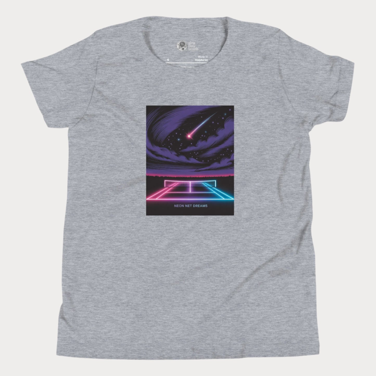 Neon Net Dreams tennis t-shirt with glowing hard court, stars, and comet – night tennis graphic tee for girls.