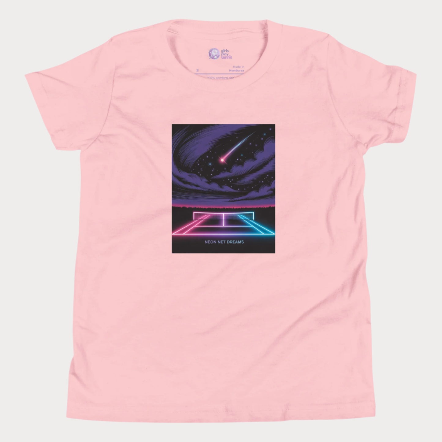 Neon Net Dreams tennis t-shirt with glowing hard court, stars, and comet – night tennis graphic tee for girls.