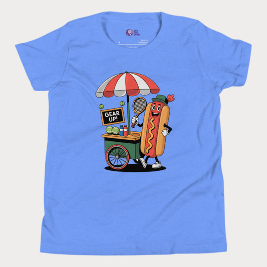 Girls Play Tennis NYC hot dog stand Gear Up tennis t-shirt for girls, hard court season New York tennis shirt