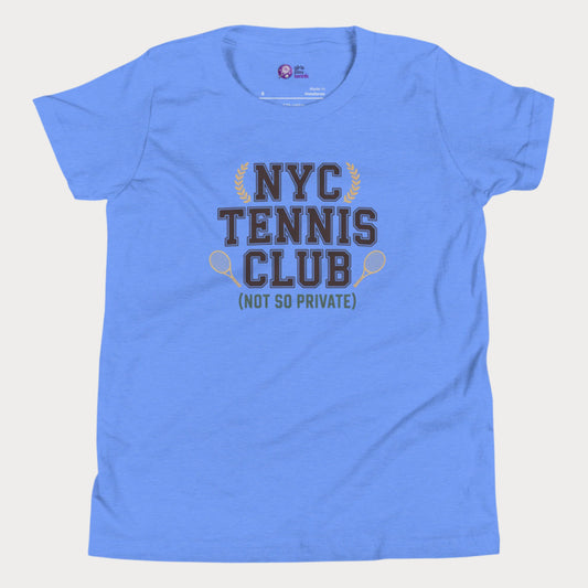 Girls tennis t-shirt with 'NYC Tennis Club (Not So Private)' slogan, inspired by New York’s summer tennis energy.