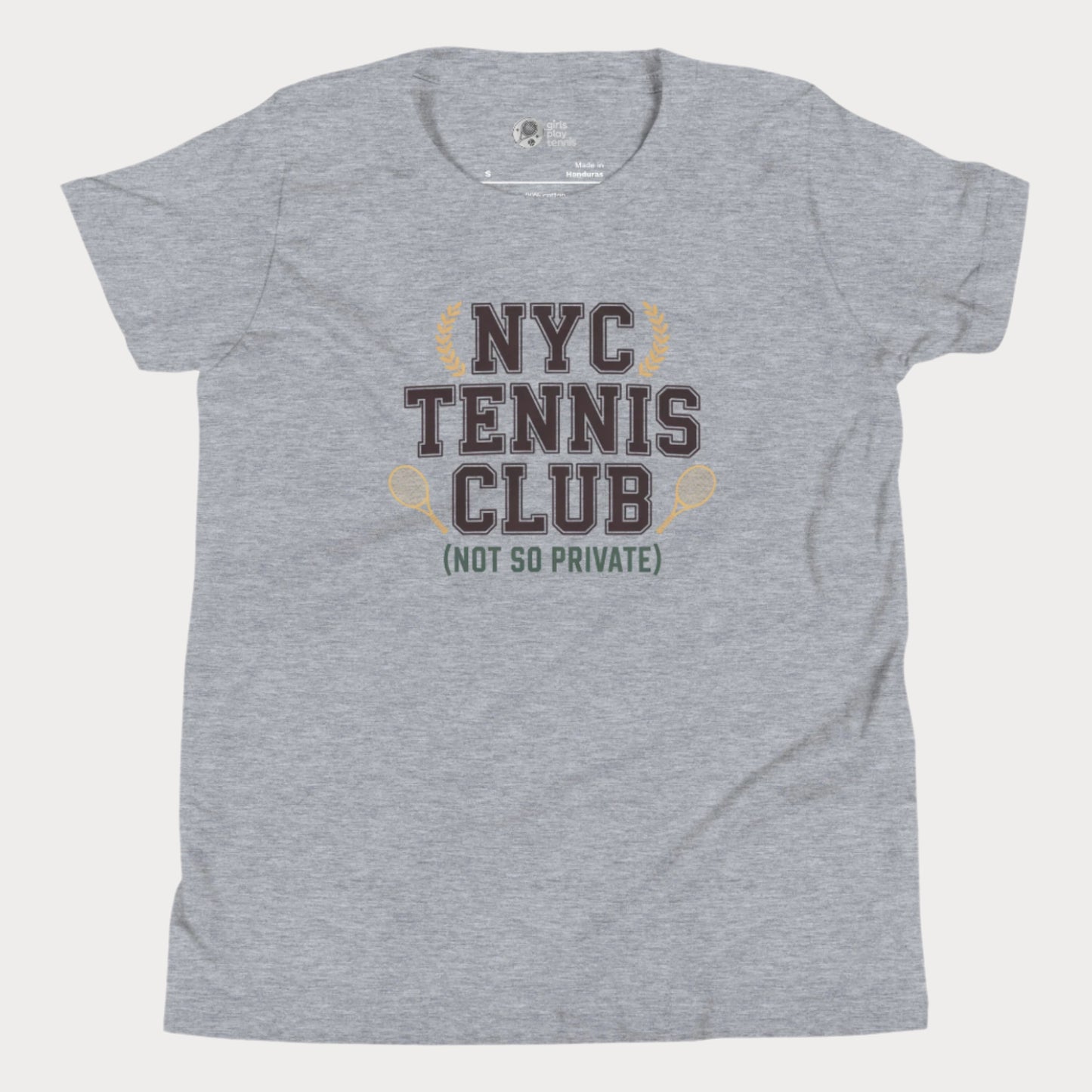 Girls tennis t-shirt with 'NYC Tennis Club (Not So Private)' slogan, inspired by New York’s summer tennis energy