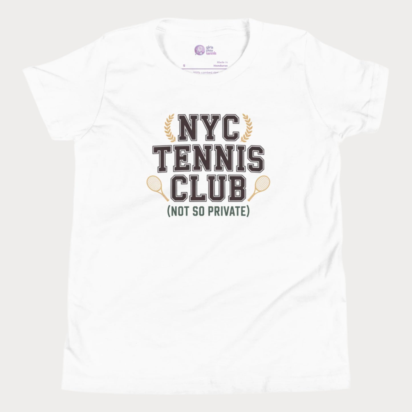 Girls tennis t-shirt with 'NYC Tennis Club (Not So Private)' slogan, inspired by New York’s summer tennis energy.