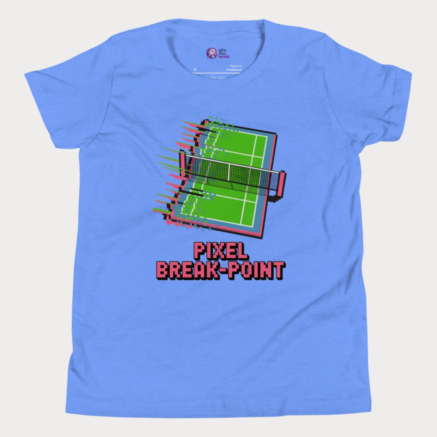 Pixel Breakpoint Tennis T-Shirt with pixelated tennis court glitch design for girls