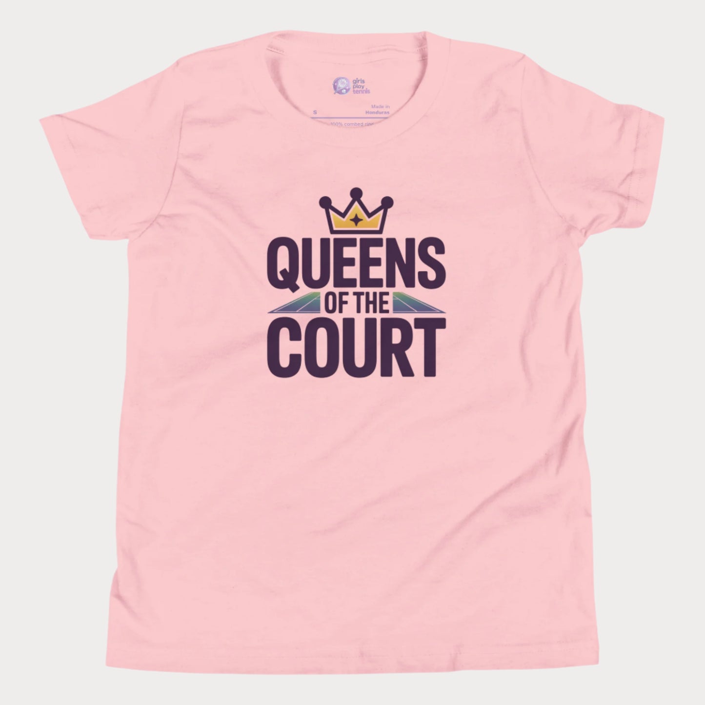 Girls tennis t-shirt with 'Queens of the Court' slogan, inspired by iconic Queens, NY summer tennis event.