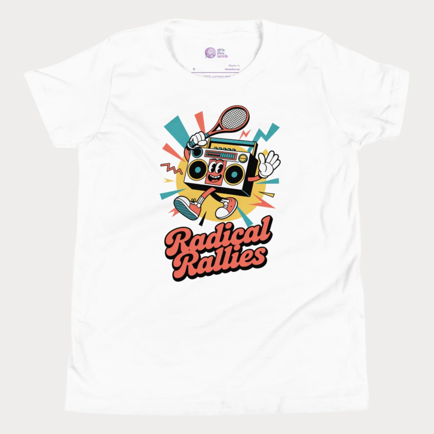 Radical Rallies retro tennis t-shirt with vintage font and boombox character
