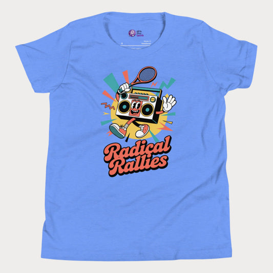 Radical Rallies retro tennis t-shirt with vintage font and boombox character
