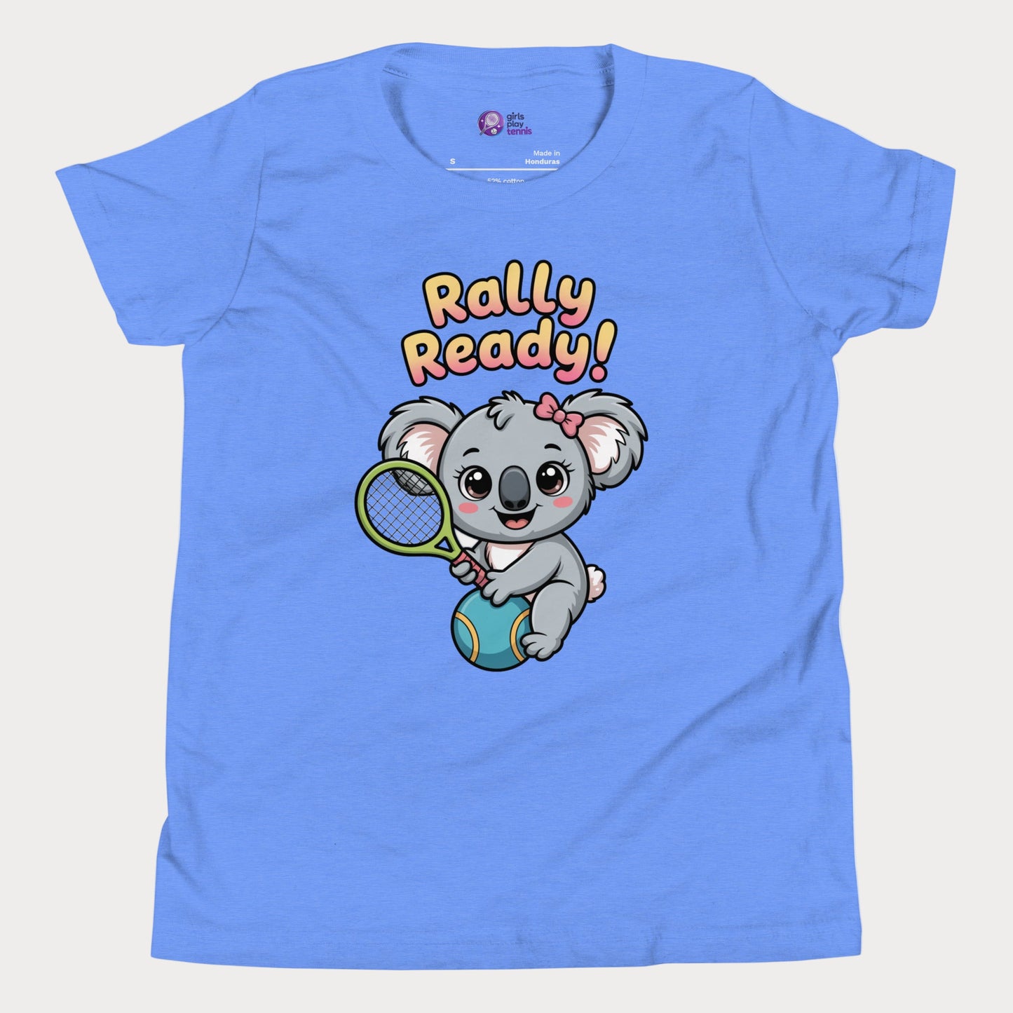 Rally Ready kids tennis t-shirt with cute koala holding racket for toddlers and youth.