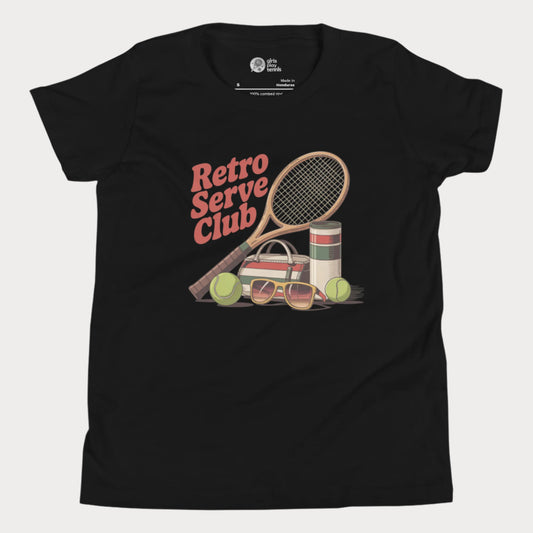 Girls tennis t-shirt design with retro tennis racket, sunglasses, and vintage-style accessories under the slogan Retro Serve Club