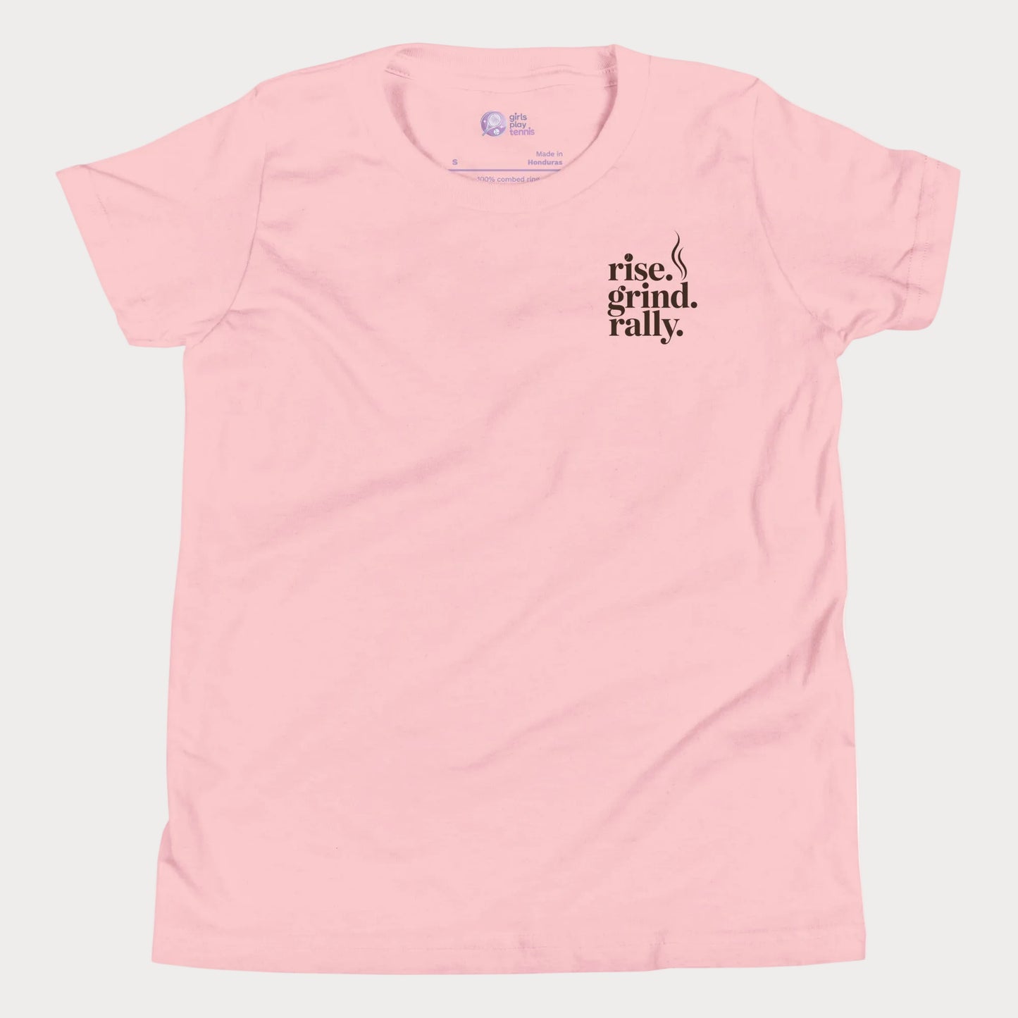 Pink tennis t-shirt with Rise Grind Rally pocket-print graphic – Girls Play Tennis apparel.