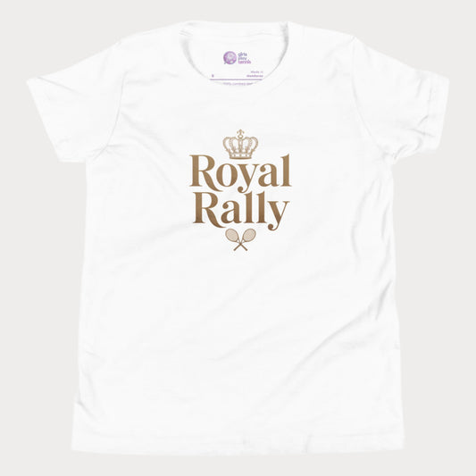 White girls’ tennis t-shirt with gold “Royal Rally” crown and rackets design