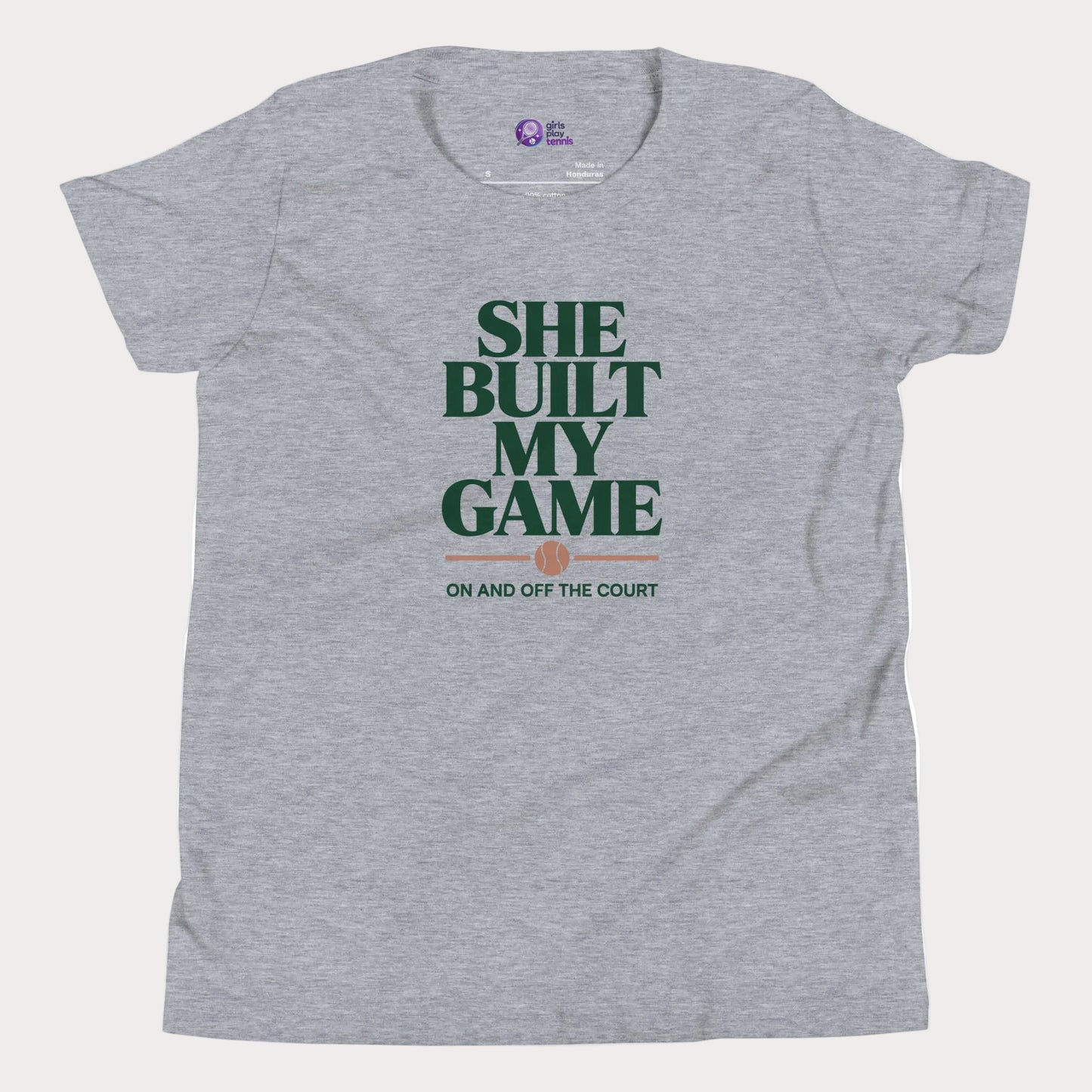 She Built My Game tennis t-shirt in athletic grey with white typography and tennis graphic for girls and women