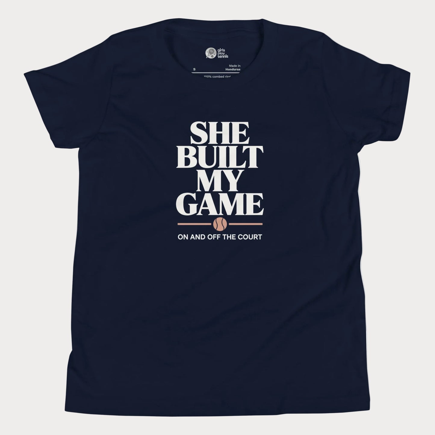 She Built My Game tennis t-shirt in navy with white typography and tennis graphic for girls and women