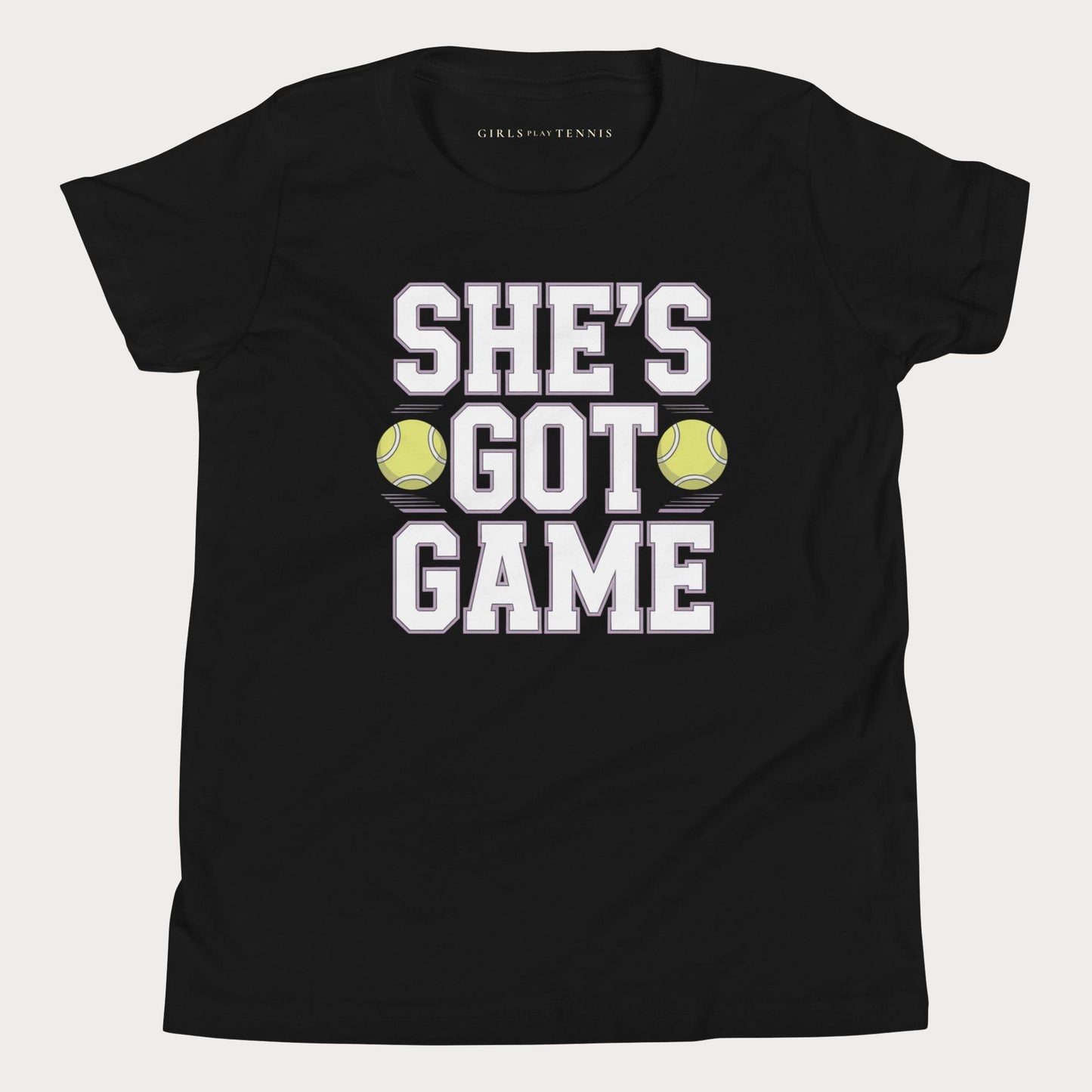 She's Got Game Youth Varsity Tennis Tee — Dark