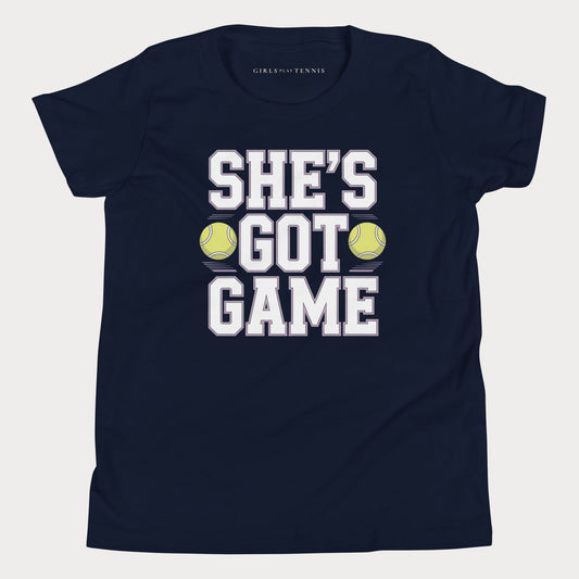 She's Got Game Youth Varsity Tennis Tee — Dark